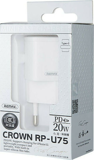 Remax Charger Without Cable with USB-C Port Power Delivery Whites (RP-U75)