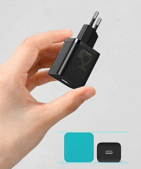Baseus Φορτιστής με Θύρα USB-C και Καλώδιο USB-C - USB-C 25W Μαύρος (Super Si)