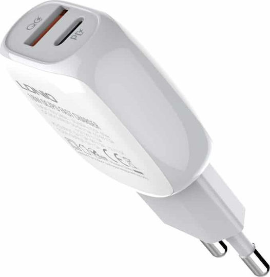 Ldnio Φορτιστής με Θύρα USB-A και Θύρα USB-C και Καλώδιο USB-C - Lightning 18W Power Delivery / Quick Charge 3.0 Λευκός (A2313C)