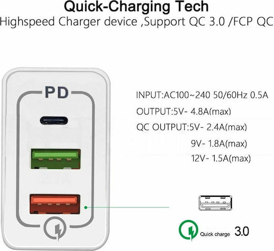 Lamtech Φορτιστής Χωρίς Καλώδιο με 2 Θύρες USB-A και Θύρα USB-C 15W Power Delivery / Quick Charge 3.0 Λευκός (LAM022001)