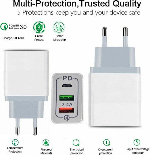 Lamtech Φορτιστής Χωρίς Καλώδιο με 2 Θύρες USB-A και Θύρα USB-C 15W Power Delivery / Quick Charge 3.0 Λευκός (LAM022001)