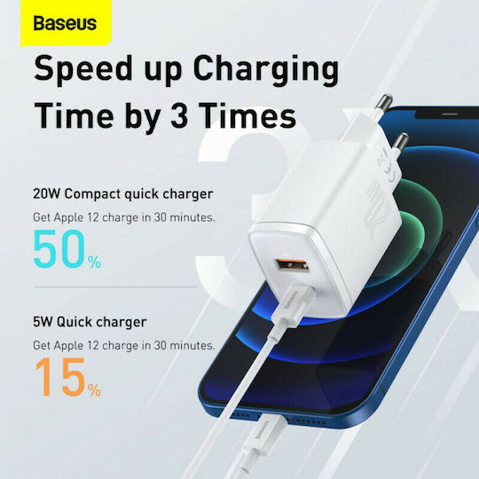Baseus Charger Without Cable with USB-A Port and USB-C Port 20W Power Delivery / Quick Charge 3.0 Whites (Compact)