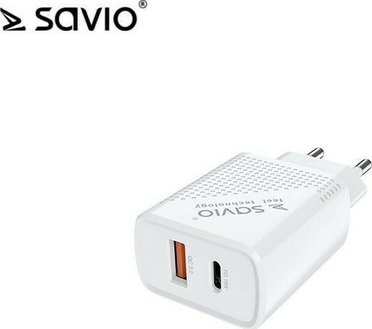 Savio Mobile Phone Charger with USB-A and USB-C Output Ports and USB-C Cable Power Delivery Quick Charge 3.0 White