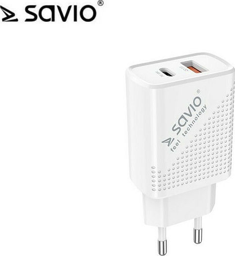 Savio Mobile Phone Charger with USB-A and USB-C Output Ports and USB-C Cable Power Delivery Quick Charge 3.0 White