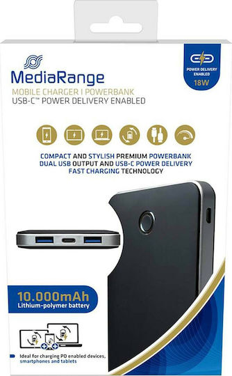 MediaRange MR753 Power Bank 10000mAh 18W with 2 USB-A Ports and USB-C Port Power Delivery Black