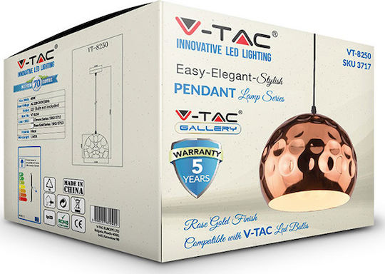 V-TAC Висящо Осветително Тяло Розово Злато с Цокъл E27 30x30см