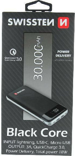 Swissten Black Core Power Bank 30000mAh 18W με Θύρα USB-A και Θύρα USB-C Quick Charge Μαύρο