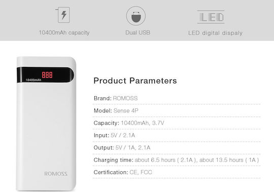 Romoss Sense Power Bank 10400mAh cu 2 Porturi USB-A Alb