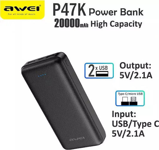 Awei P47K Power Bank 20000mAh με 2 Θύρες USB-A Μαύρο