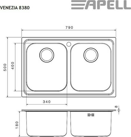 Apell Venezia 8380 Ένθετος Νεροχύτης Inox Σαγρέ Μ79xΠ50cm Ασημί