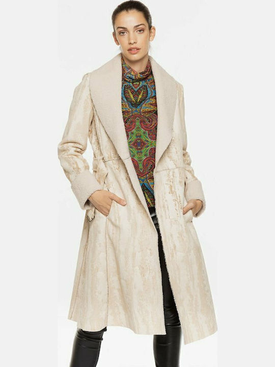 Abrig Marvelous Women's Beige Coat with Fur Details