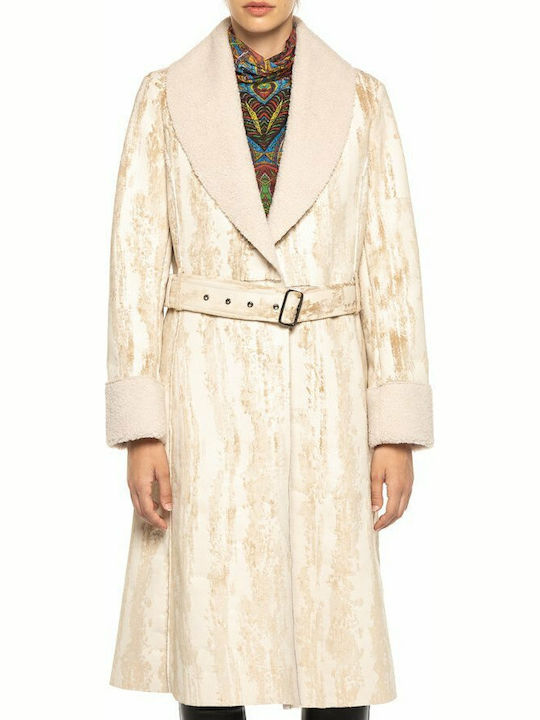 Abrig Marvelous Women's Beige Coat with Fur Details