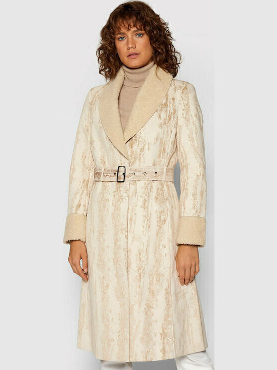 Abrig Marvelous Women's Beige Coat with Fur Details