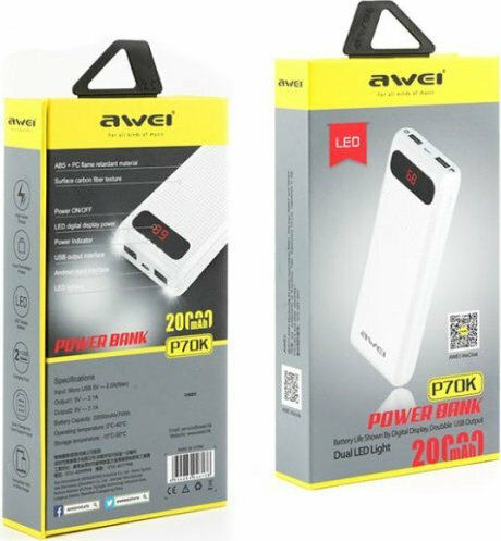 Awei P70K Power Bank 20000mAh με 2 Θύρες USB-A Λευκό