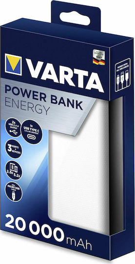 Varta Energy Power Bank 20000mAh with 2 USB-A Ports and USB-C Port White