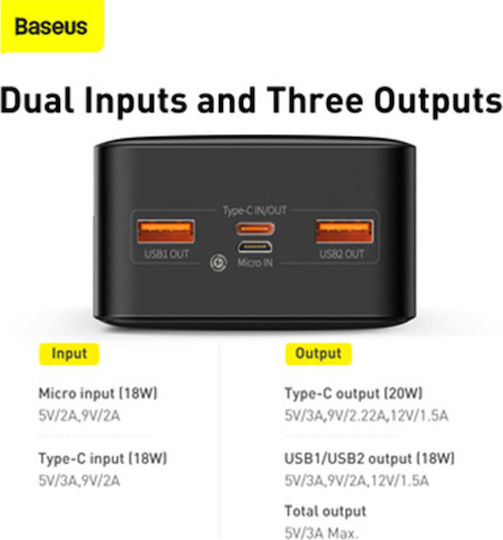 Baseus Bipow Power Bank 30000mAh 20W с 2 USB-A порта и USB-C порт Черен
