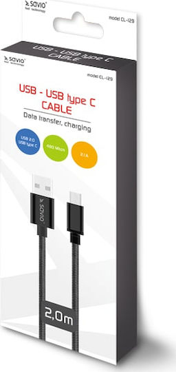 Savio Braided USB 2.0 Cable USB-C Male - USB-A Black 2m CL-129