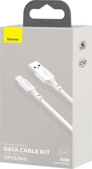 Baseus Simple Wisdom USB 2.0 USB-C Male - USB-A Cable 40W White 1.5m TZCATZJ-02 2 Pcs