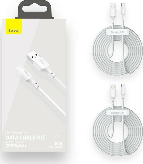 Baseus Simple Wisdom USB 2.0 USB-C Male - USB-A Cable 40W White 1.5m TZCATZJ-02 2 Pcs