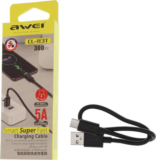 Awei CL-113T USB 2.0 Cable USB-C male - USB-A Μαύρο 0.30m AW-CL-113T
