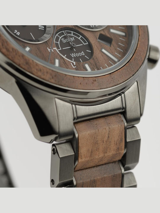 Jacques Lemans Eco Power Ανδρικό Ρολόι 44mm Χρονογράφος Μπαταρίας με Γκρι Ξύλινο Μπρασελέ