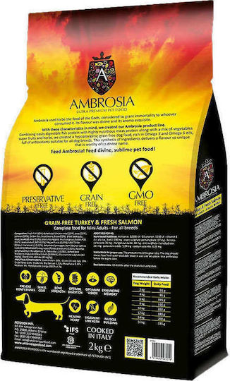 Ambrosia Turkey & Fresh Salmon Mini Adults 2kg Dry Food Grain-Free for Adult Small Breed Dogs with Turkey and Salmon