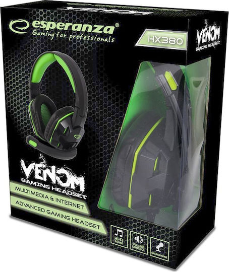Esperanza Venom Over Ear Gaming Headset με σύνδεση 2x3.5mm Πράσινο