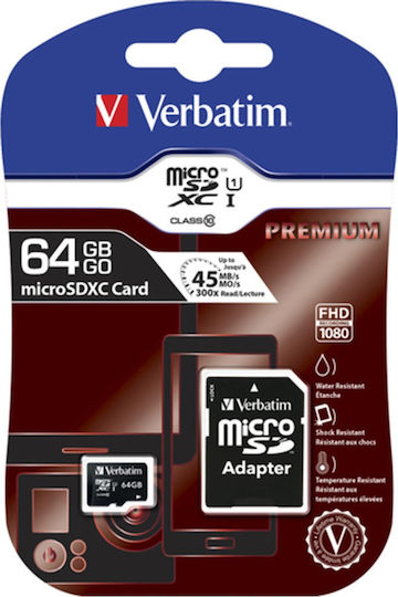 Verbatim Premium microSDXC 64GB U1 V10 A1 UHS-I 90MB/s με αντάπτορα