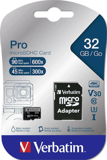 Verbatim Pro microSDHC 32GB U3 UHS-I 90MB/s Cu Adaptor