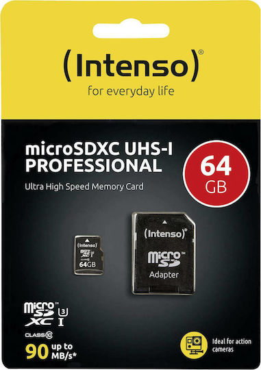 Intenso Професионална microSDXC 64GB U1 UHS-I 90MB/s с адаптер