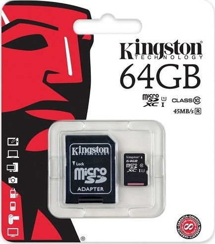 Kingston microSDXC 64GB U1 UHS-I 45MB/s με αντάπτορα