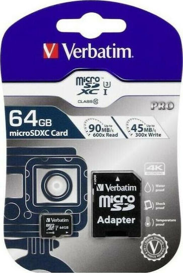 Verbatim Pro microSDXC 64GB U3 UHS-I 90MB/s Cu Adaptor