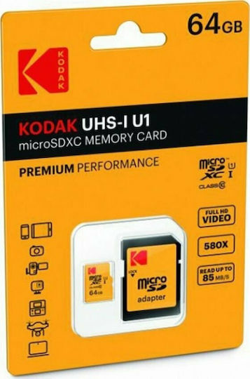 Kodak microSDXC 64GB U1 V10 A1 High Speed 85MB/s with Adapter