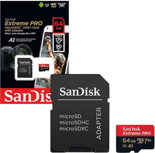 Sandisk Extreme Pro microSDXC 64GB U3 V30 A2 UHS-I 170MB/s с адаптер