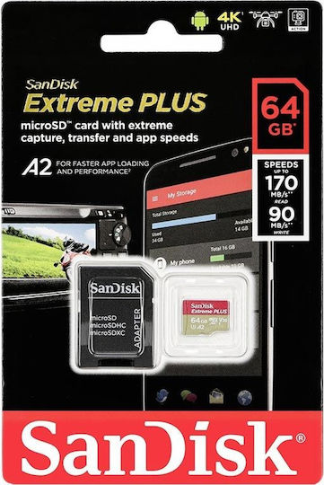 Sandisk Extreme Plus microSDXC 64GB Class 10 U3 V30 A2 UHS-I with Adapter