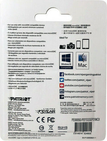 Patriot EP microSDXC 512GB U3 V30 A1 UHS-I 100MB/s
