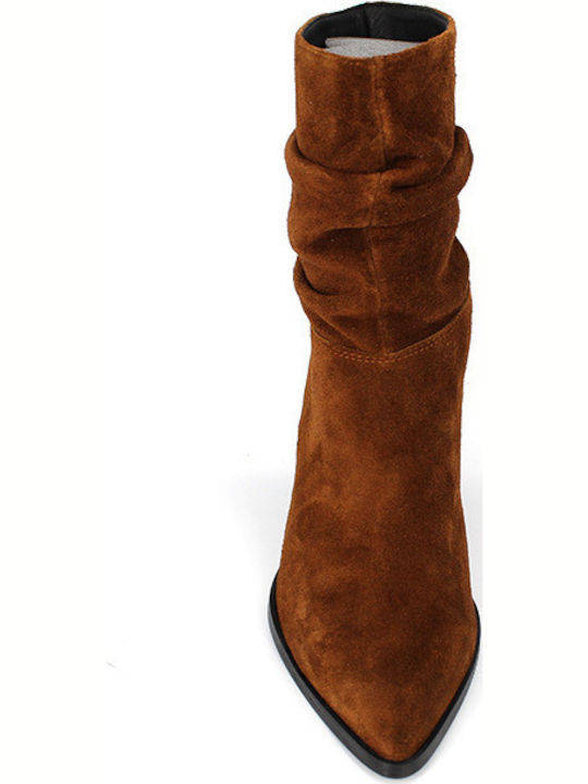 7524 Suede Women's Ankle Boots with High Heel Tabac Brown