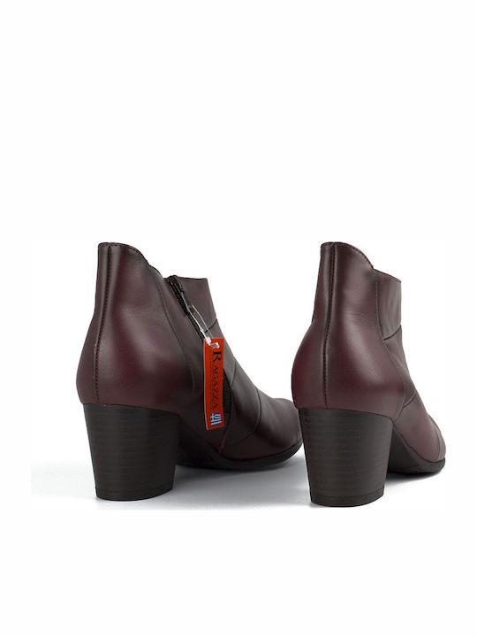 Leather Women's Ankle Boots with Medium Heel Burgundy