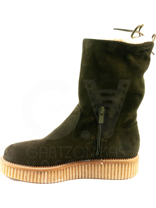 Suede Γυναικεία Μποτάκια με Γούνα Χακί