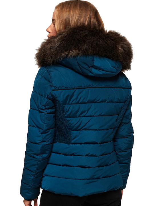 Superdry Glacier Kurz Damen Puffer Jacke mit pelziger Kapuze für Winter Blau