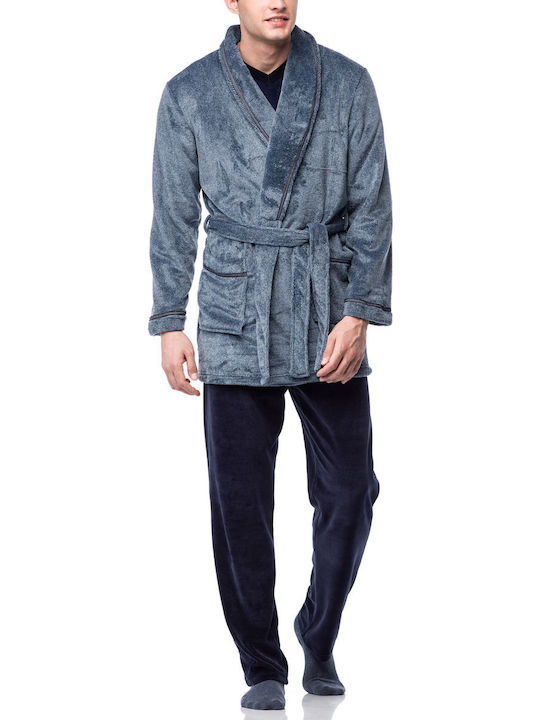 Vamp Χειμερινή Ανδρική Ρόμπα Fleece Μπλε