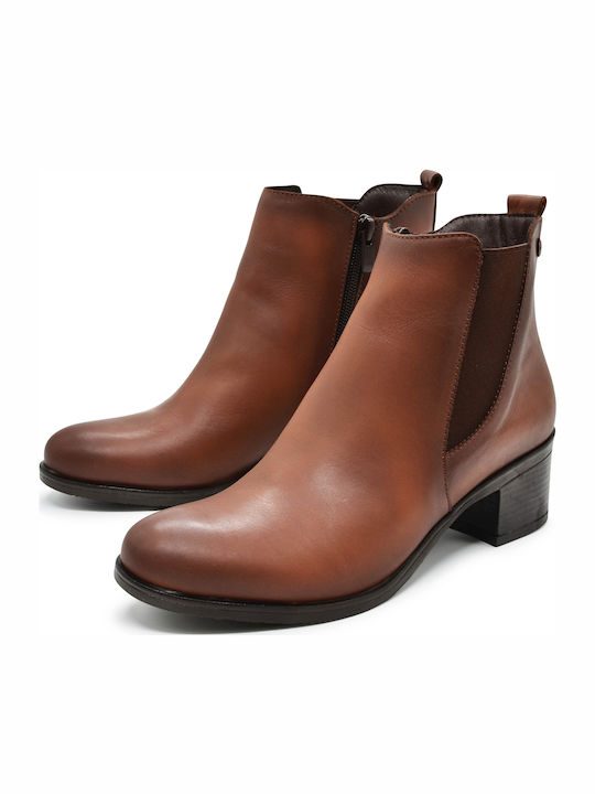 Leather Women's Ankle Boots with Medium Heel Tabac Brown