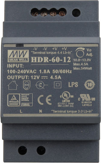 Mean Well HDR60-12 DIN Rail Power Supply 4.5A/12V/54W