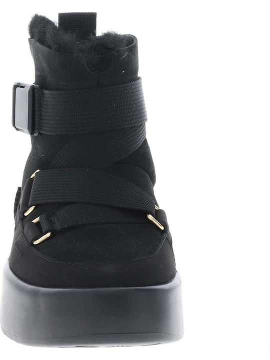 Classic Boom Buckle Suede Women's Ankle Boots with Fur Black