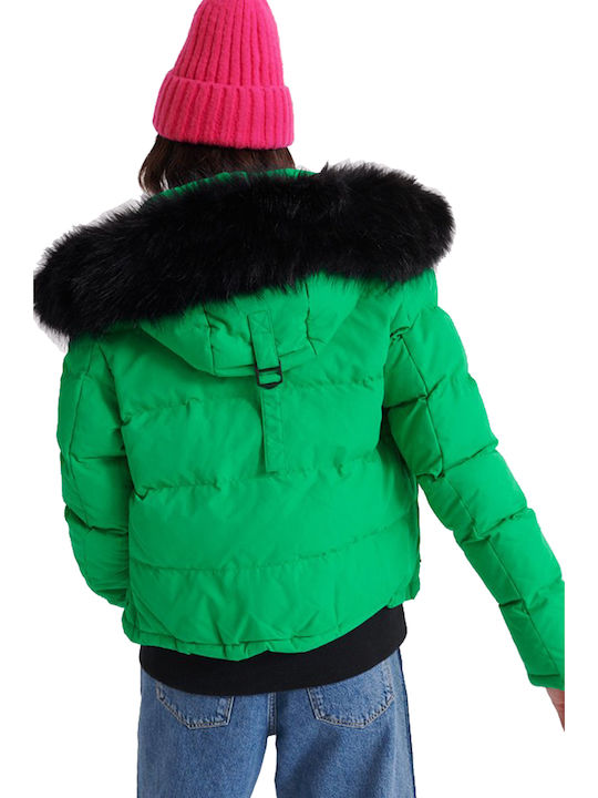 Superdry Κοντό Γυναικείο Puffer Μπουφάν με Γούνινη Κουκούλα για Χειμώνα Πράσινο