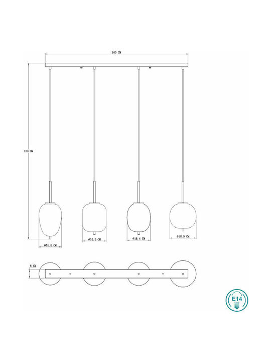 Globo Lighting Blacky Pendant Light Black Rail for 4 Bulbs E14, E.14 100x185x120cm