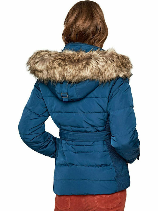 Pepe Jeans Carrie Kurz Damen Puffer Jacke mit pelziger Kapuze für Winter Marineblau