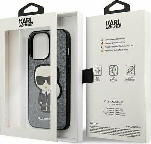 Karl Lagerfeld Saffiano Ikonik Karl`s Patch Back Cover Plastic / Fabric Silver (iPhone 13 Pro)