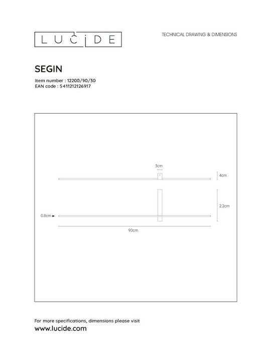 Lucide Lightning Segin Modern Lamp Wall with Integrated LED and Warm White Light Black 90cm