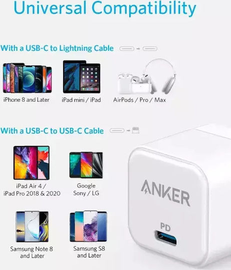 Anker Φορτιστής Χωρίς Καλώδιο με Θύρα USB-C 20W Power Delivery / Quick Charge 3.0 Λευκός (Powerport III Cube)